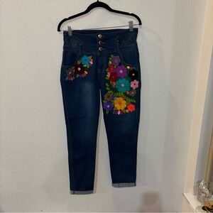 Floral Embroidered Women's High Waisted Denim Jeans